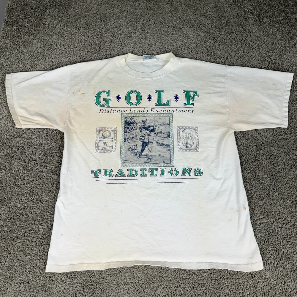 VINTAGE Golf Shirt Mens Large White Distance Lends Enchantment Traditions 90s